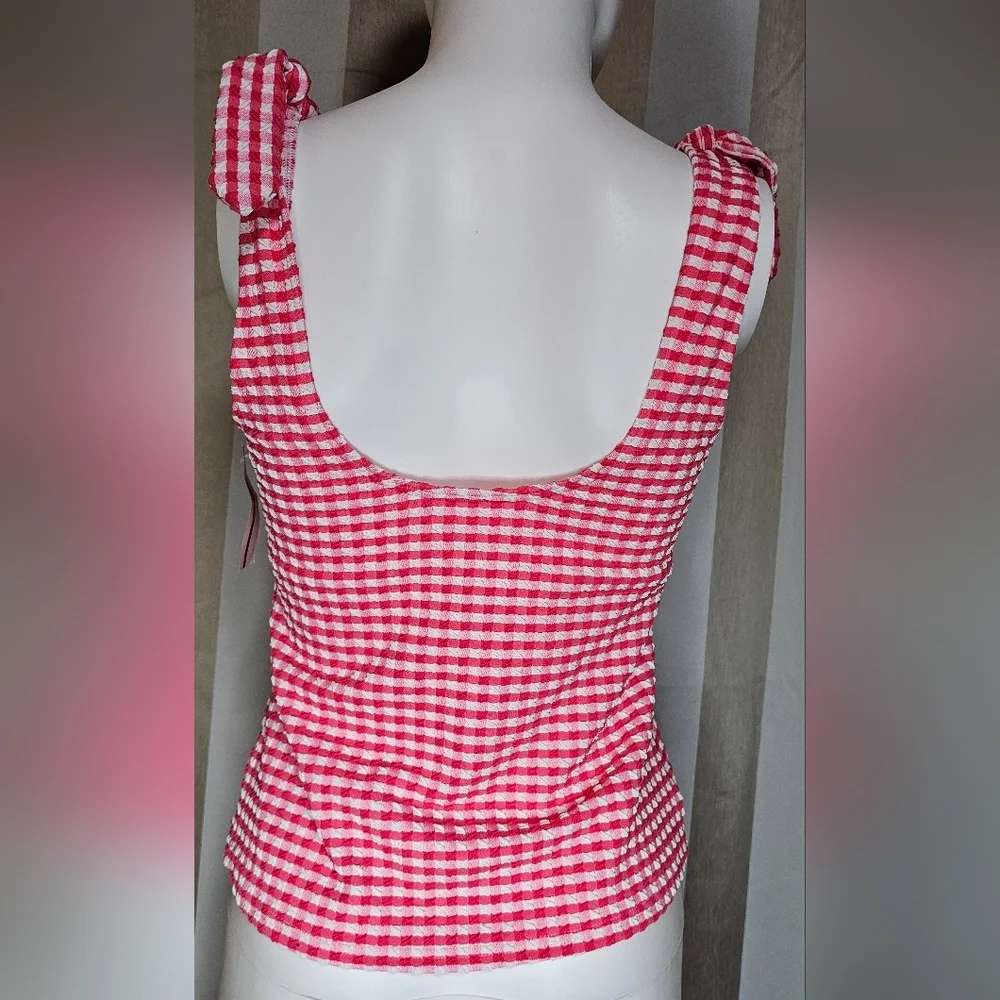 Lands' End Tankini Tie Strap V Neck Neck Pink Gingham Women's NWT 4